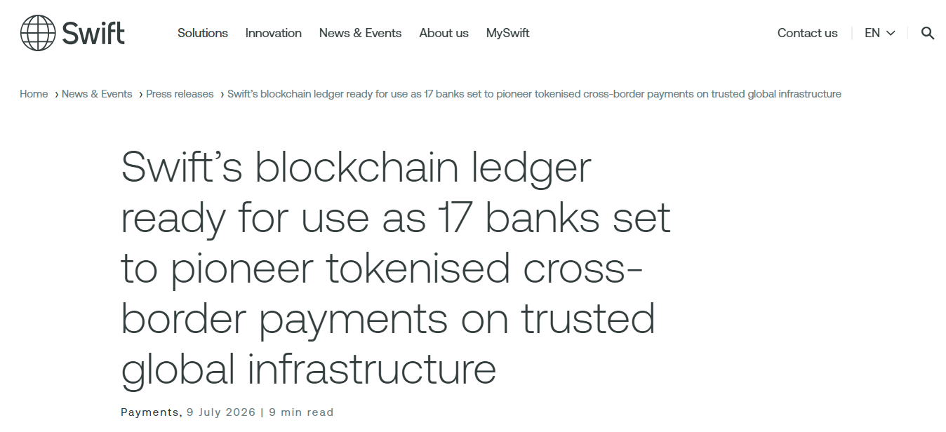 Screenshot of Swift’s official announcement that its blockchain ledger was ready for initial use with 17 banks preparing pilots